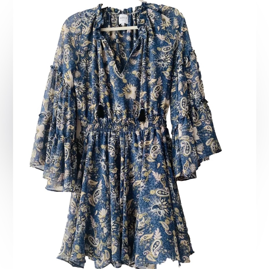 Misa Los Angeles Paisley Ruffled Bell Sleeve Dress Women Size S Cottagecore